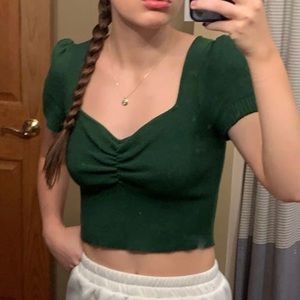 Urban Outfitters XS Green Puff Sleeve Ribbed Knit Short Sleeve Top